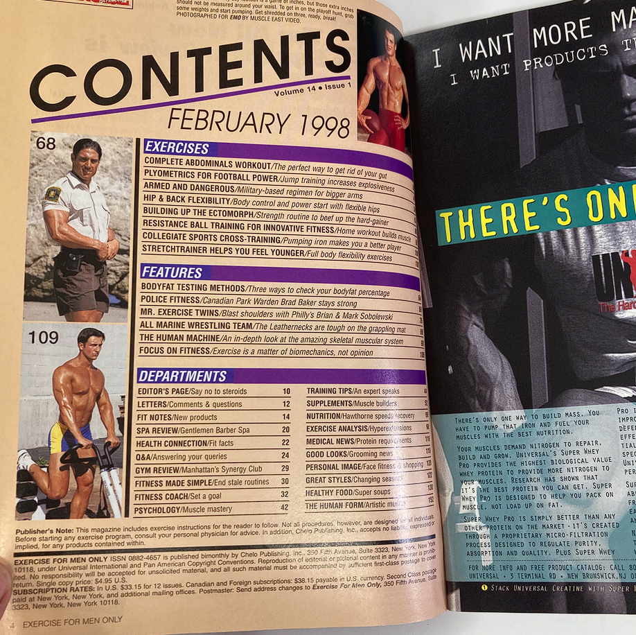 Contents page of Exercise for Men Only Magazine, February 1998, Vol 14 #1, listing exercises, features, and departments. Highlights include a full set of exercise routines and fitness advice tailored for men.
