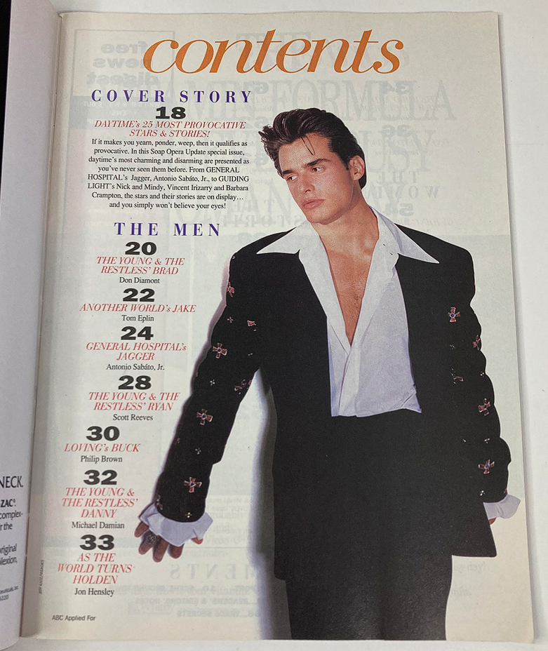 Interior page from the September 21, 1993 issue of Soap Opera Update Magazine showcasing the contents, including a feature on Antonio Sabato Jr. as one of the provocative stars.