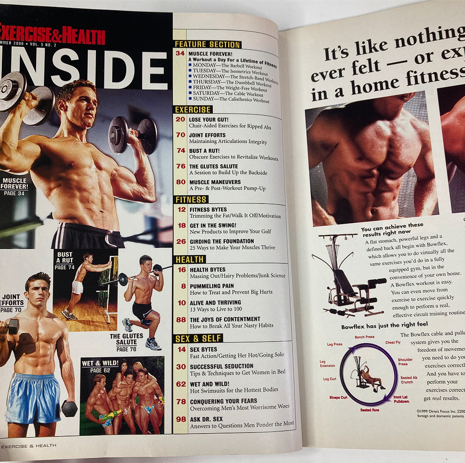 Inside pages of Exercise & Health Magazine Summer 2000 showcasing features on exercise routines, health tips, and fitness strategies for men, with images of weights and home fitness equipment.