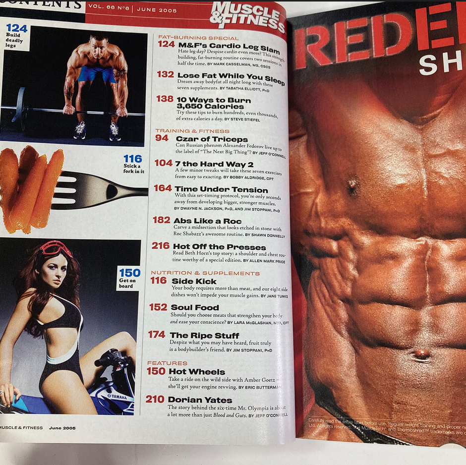 Inside view of Muscle & Fitness Magazine June 2005 Vol 66 #6 showcasing the content page, including sections on cardio workouts, training tips, and nutrition, emphasizing the Cardio Leg Slam workout for fitness enthusiasts.