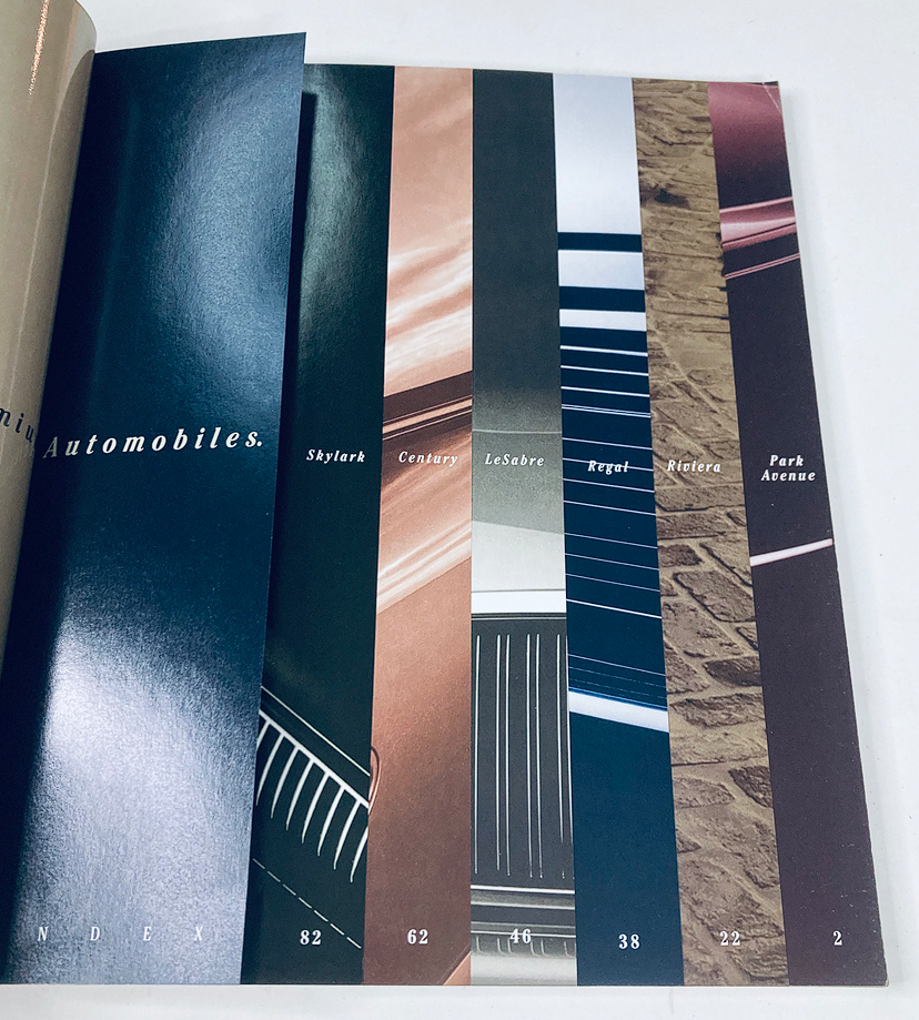 1997 Buick Dealer Showroom Sales Brochure Guide Catalog showcasing color swatches and design elements from various Buick models including Skylark, Century, LeSabre, Regal, Riviera, and Park Avenue.