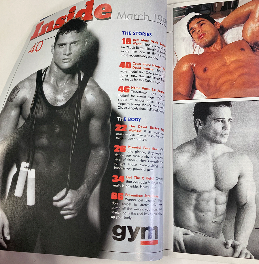 Interior spread from Gym Magazine March 1999 Premier Issue, highlighting articles about fitness and showcasing David Fumero.