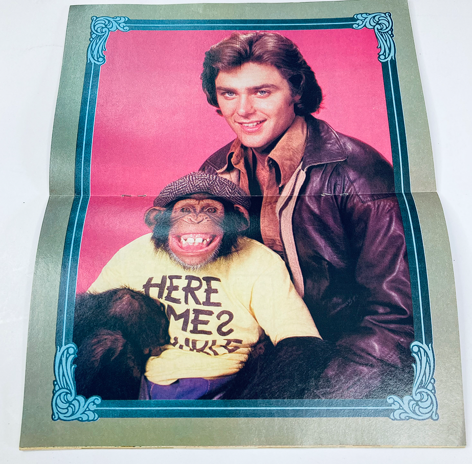 Inside view of VTG SuperMag Magazine Volume 5 Number 3, displaying the mini-poster of BJ & The Bear characters with the chimpanzee wearing a 'HERE COMES JUMBO' shirt.