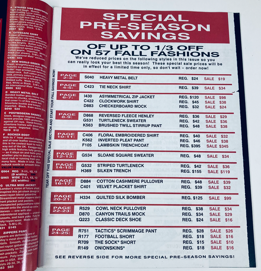 Interior page of 1992 Special Pre-Season International Male Magazine Catalog showcasing discounted fall fashion items and pricing details.
