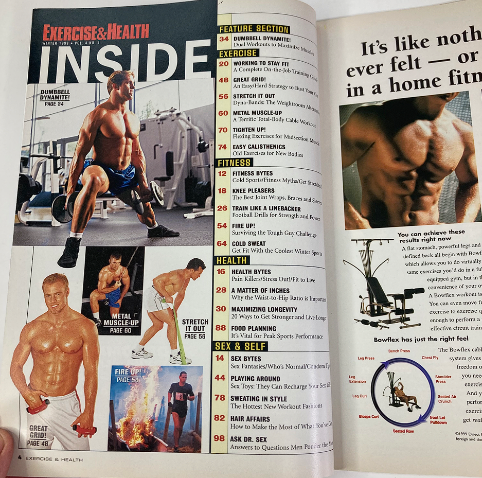 Inside page of Exercise & Health Magazine Winter 1999 Vol 4 #4 showcasing the feature section on fitness training and health advice, including a preview of articles and images related to strength training.