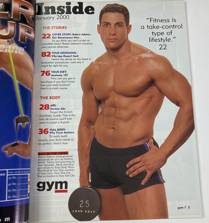 Gym Magazine January 2000 featuring a fit male model in black shorts showcasing muscular physique, highlighting fitness culture of the early 2000s.