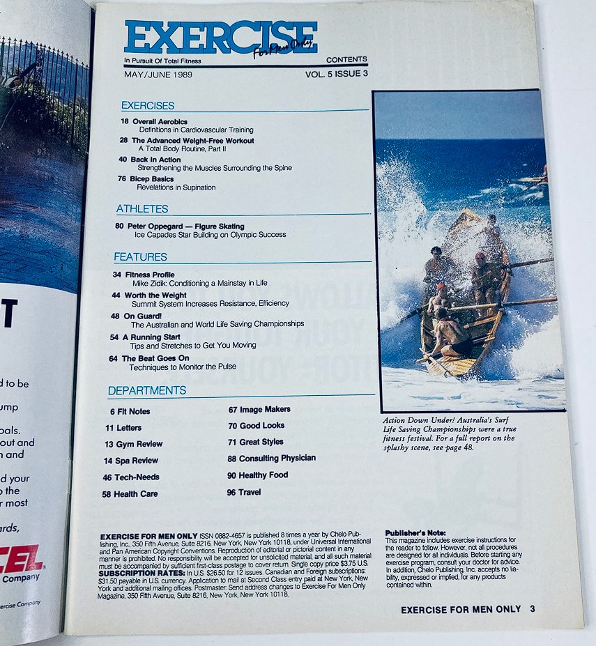 Contents page of Exercise for Men Only Magazine May 1989 Vol 5 #3, detailing articles on exercises, athlete profiles, and fitness features along with a photography of surf life saving championships.