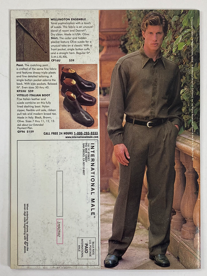Back cover of the 1999 Late Summer Early Fall International Male Magazine Catalog showcasing a male model dressed in stylish formal wear.