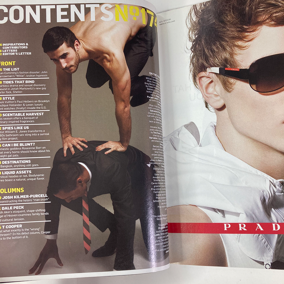 Image showing the contents page of Out Magazine May 2008 No. 174, featuring a fashion editorial with a model posing interactively, emphasizing the cultural themes in LGBTQ+ representation.