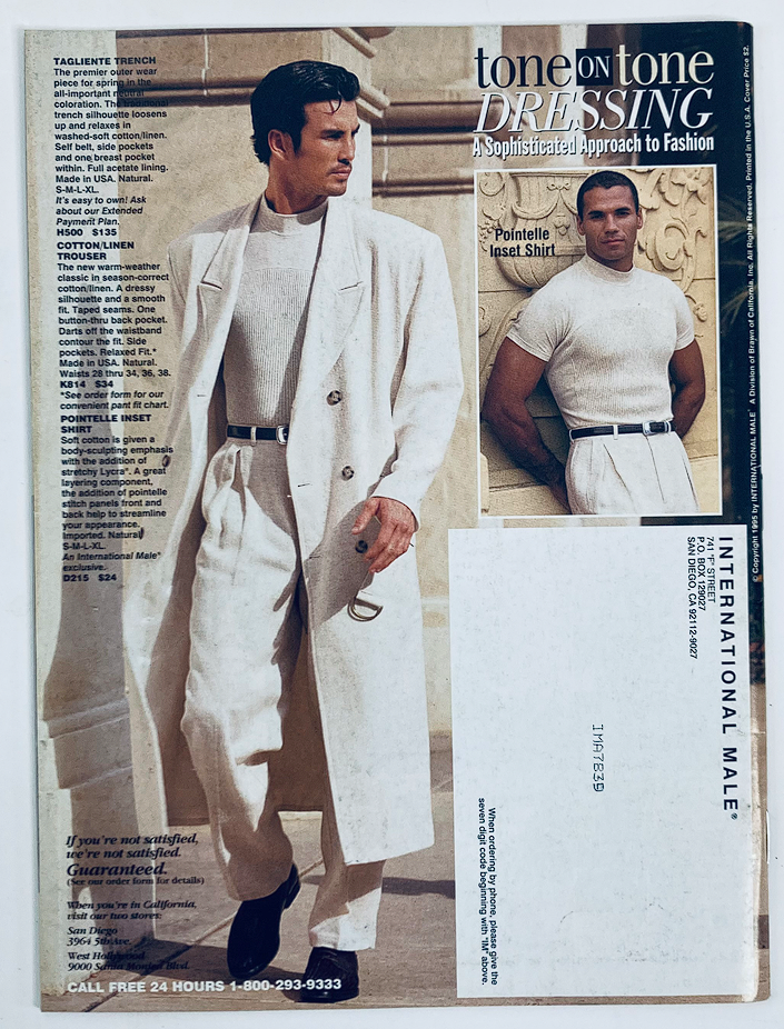 Interior page of the 1995 International Male Magazine Catalog displaying a sophisticated fashion layout with male models in elegant outfits, emphasizing tone-on-tone dressing and 90s style trends.