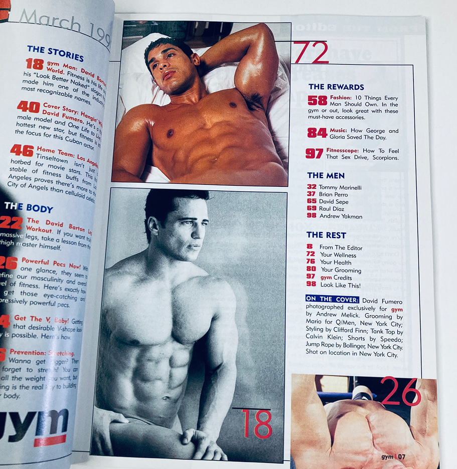 Another interior spread from Gym Magazine March 1999 Premier Issue featuring David Fumero, detailing fitness regimes and wellness advice.