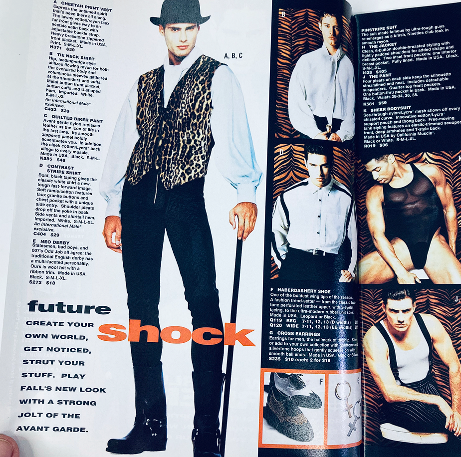 Fashion layout from 1992 Special Pre-Season International Male Magazine Catalog highlighting vibrant styles and trends from the early 90s.