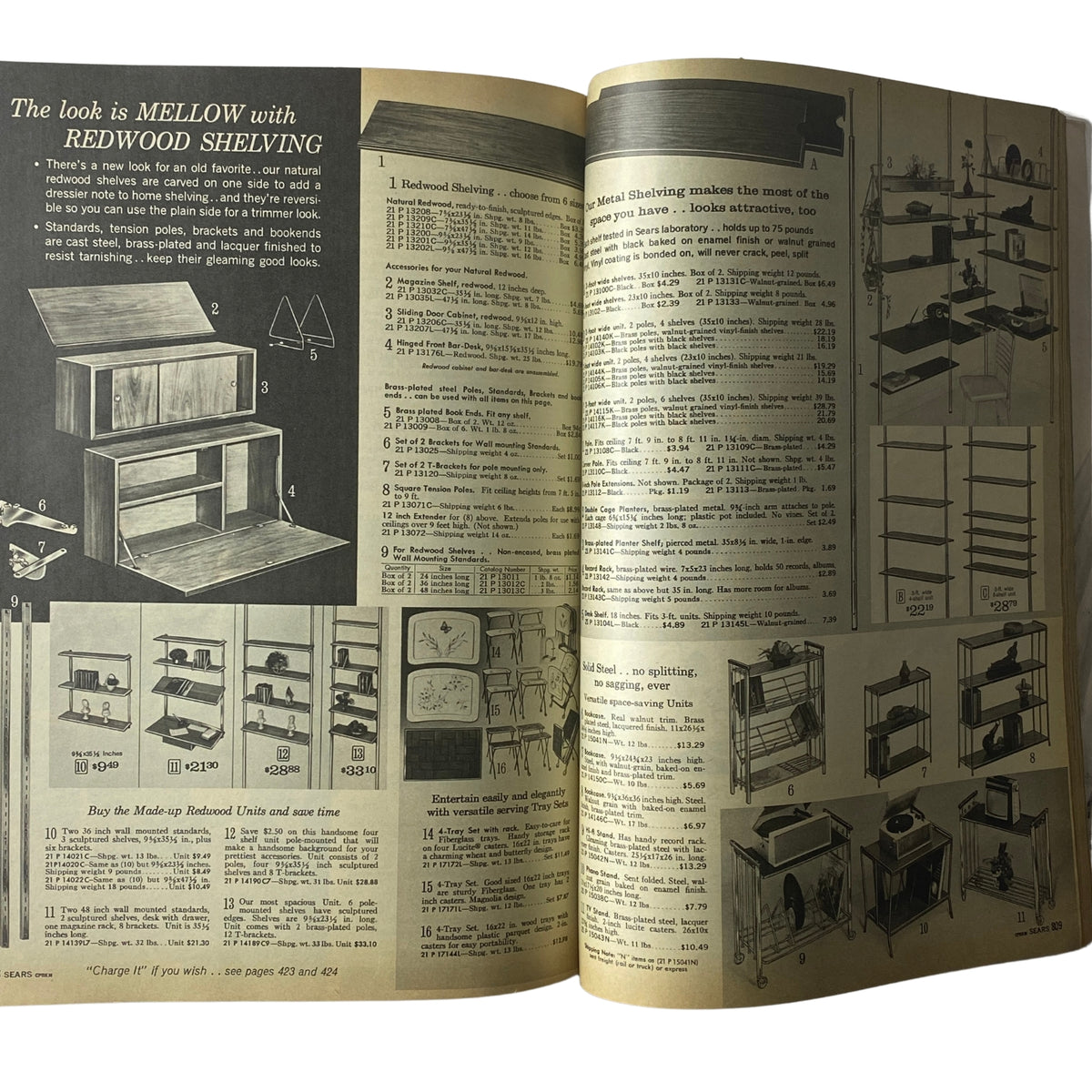 1966 Sears Everything for Spring Through Summer Catalog detailing redwood and metal shelving units, showcasing various designs and prices suitable for home organization.