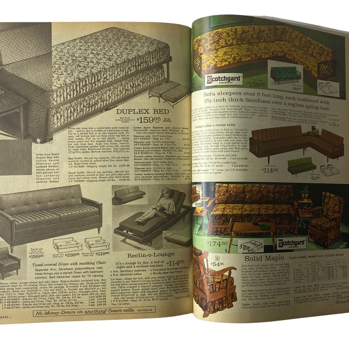1966 Sears Everything for Spring Through Summer Catalog featuring furniture options including a Duplex Bed, Recliner, and sofa sleepers with prices listed, showcasing vintage mid-century home decor.