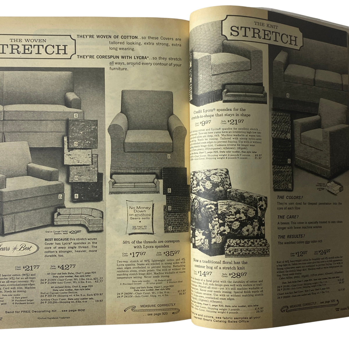 1966 Sears Everything for Spring Through Summer Catalog displaying various stretch covers for armchairs and sofas, highlighting fabric options and pricing information for home furnishings.