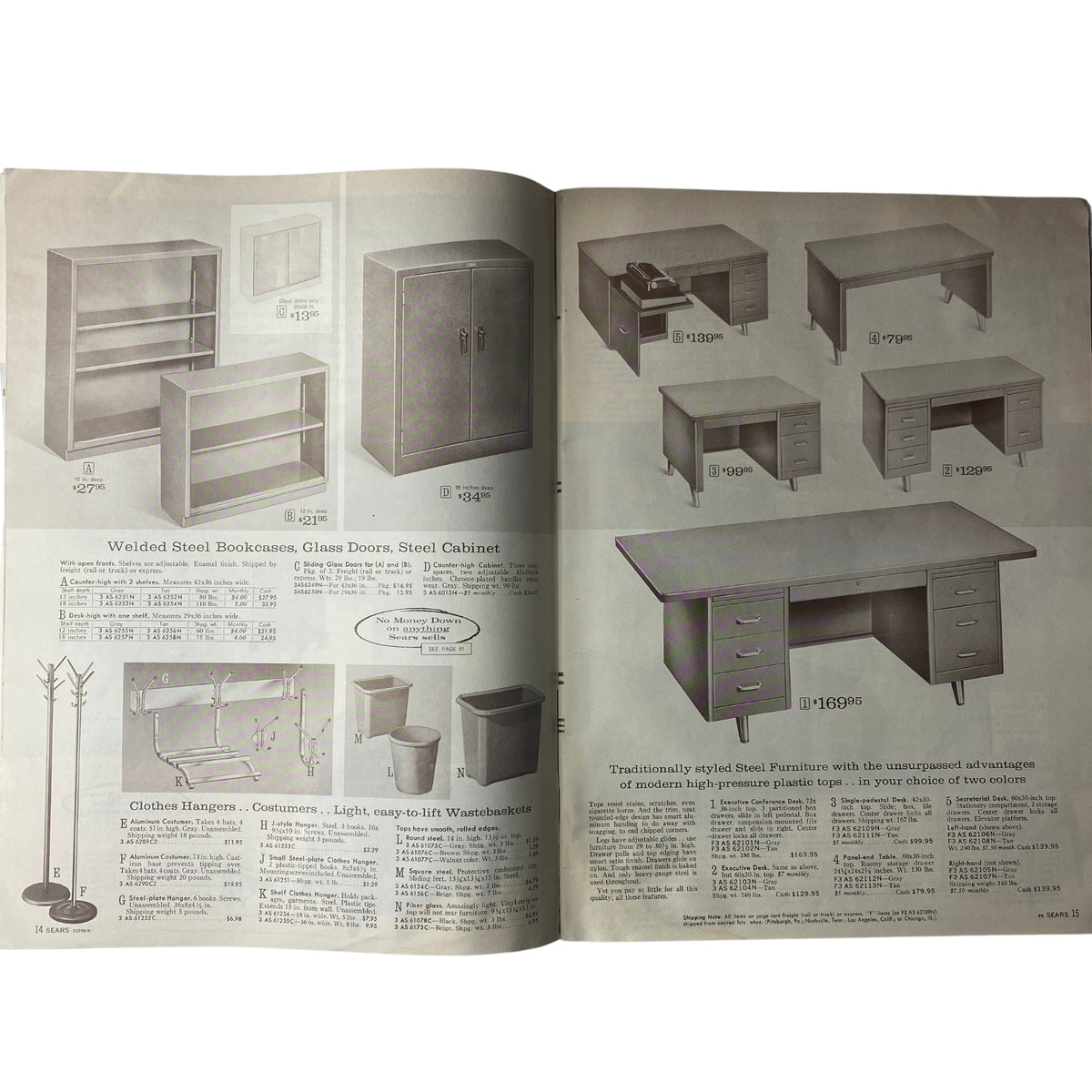 Interior page of the 1966 Sears Business Equipment and Supply Catalog featuring various office furniture including welded steel bookcases, file cabinets, a desk, and other essential office supplies.