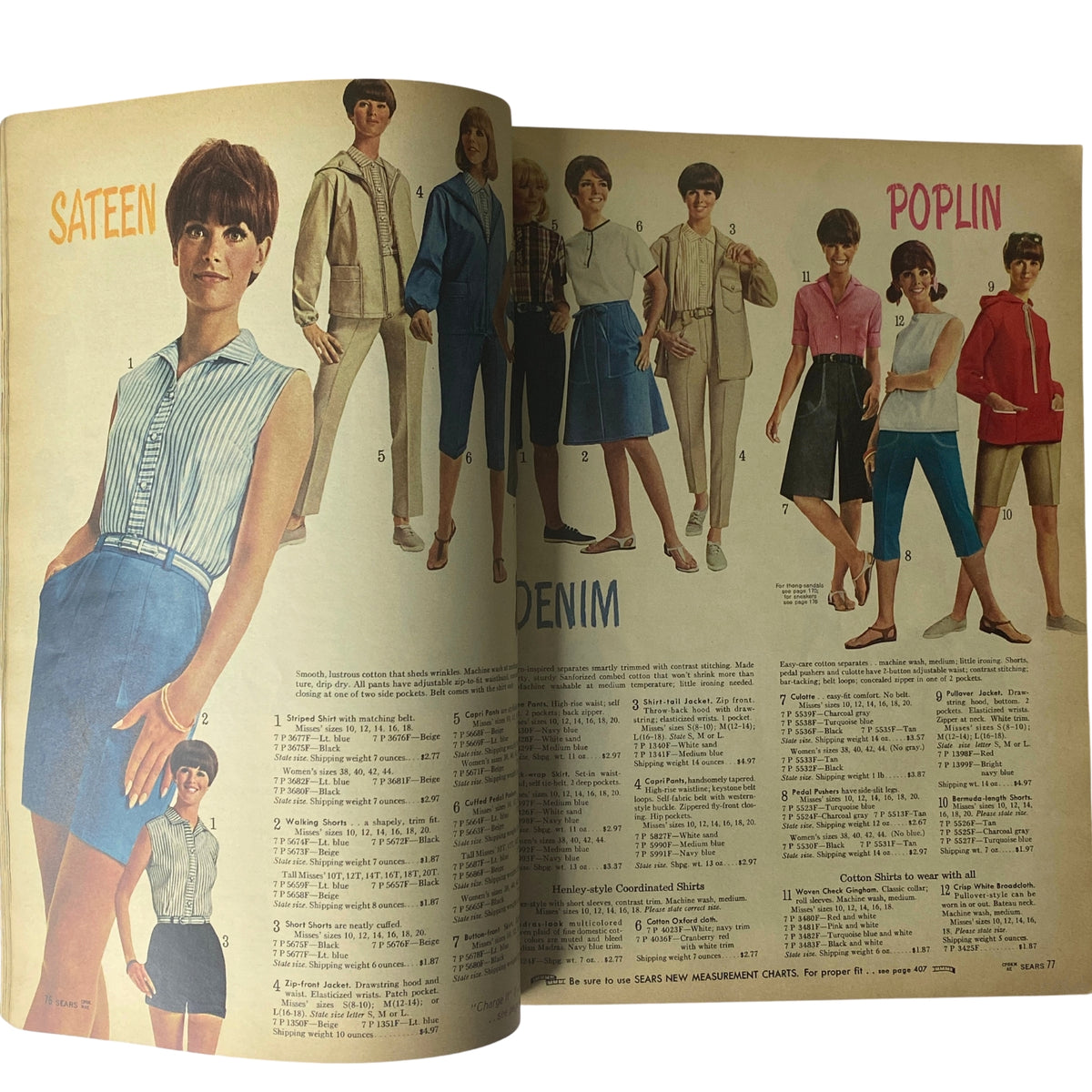 1966 Sears Everything for Spring Through Summer Catalog showcasing women's fashion styles including short skirts and tops made from sateen, denim, and poplin materials.