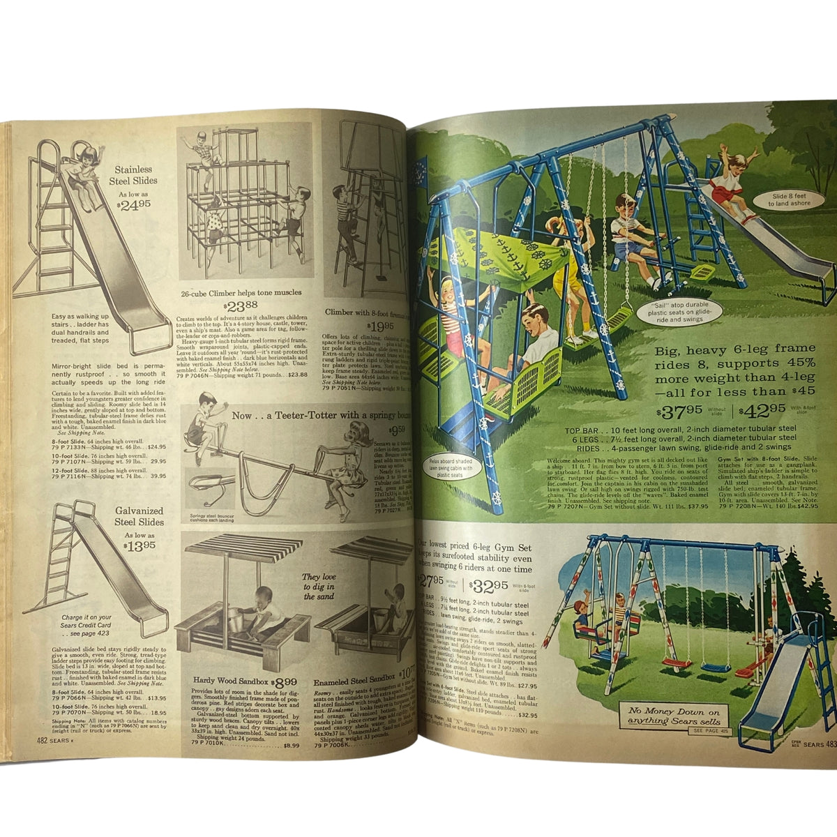 1966 Sears Everything for Spring Through Summer Catalog featuring outdoor swings and playground equipment for children, highlighting popular recreational products of the time.
