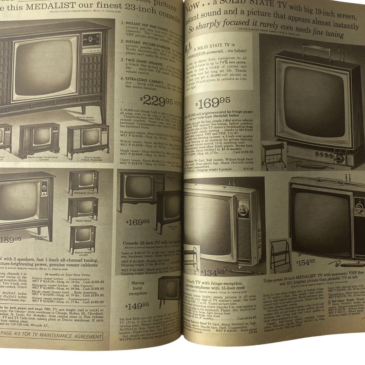 1966 Sears Everything for Spring Through Summer Catalog displaying options for 23-inch and 19-inch televisions, including prices and specifications emphasizing solid-state technology.
