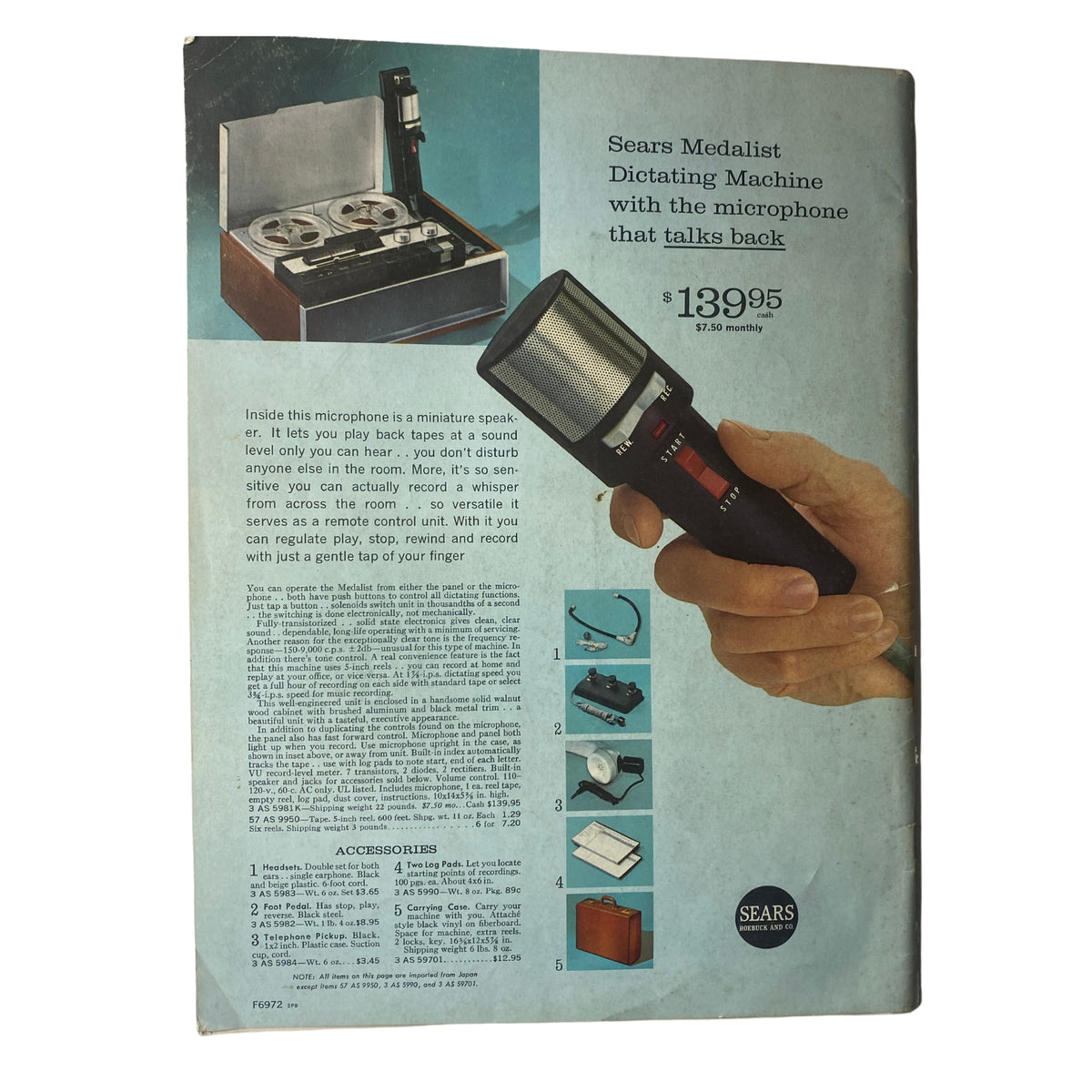 1966 Sears Business Equipment and Supply Catalog featuring a Sears Medalist Dictating Machine, showcasing the device's microphone and features, perfect for vintage office equipment enthusiasts.