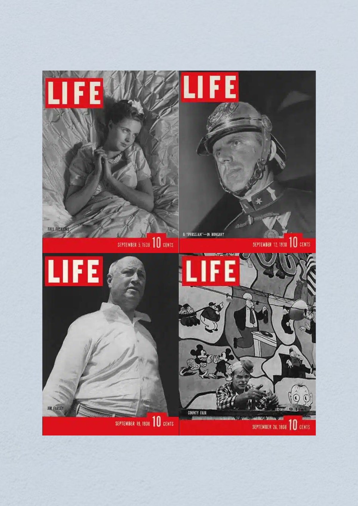 Life Magazine Lot of 4 Full Month of September 1938 featuring covers dated September 5, 12, 19, and 26. The covers include vintage fashion, political themes, and iconic imagery from the late 1930s.