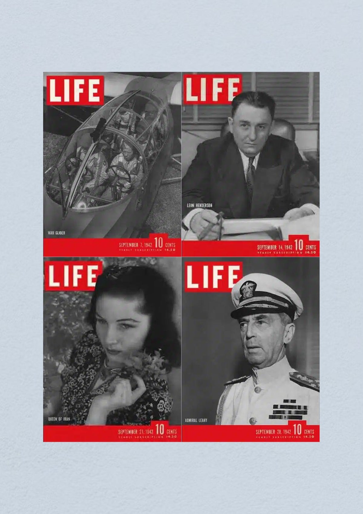 Life Magazine Lot of 4 Full Month of September 1942 featuring War Gliders and Leon Henderson on the covers from September 7 and 14, plus Queen of Iran and Admiral Leary from September 21 and 28 issues, showcasing WWII era history.