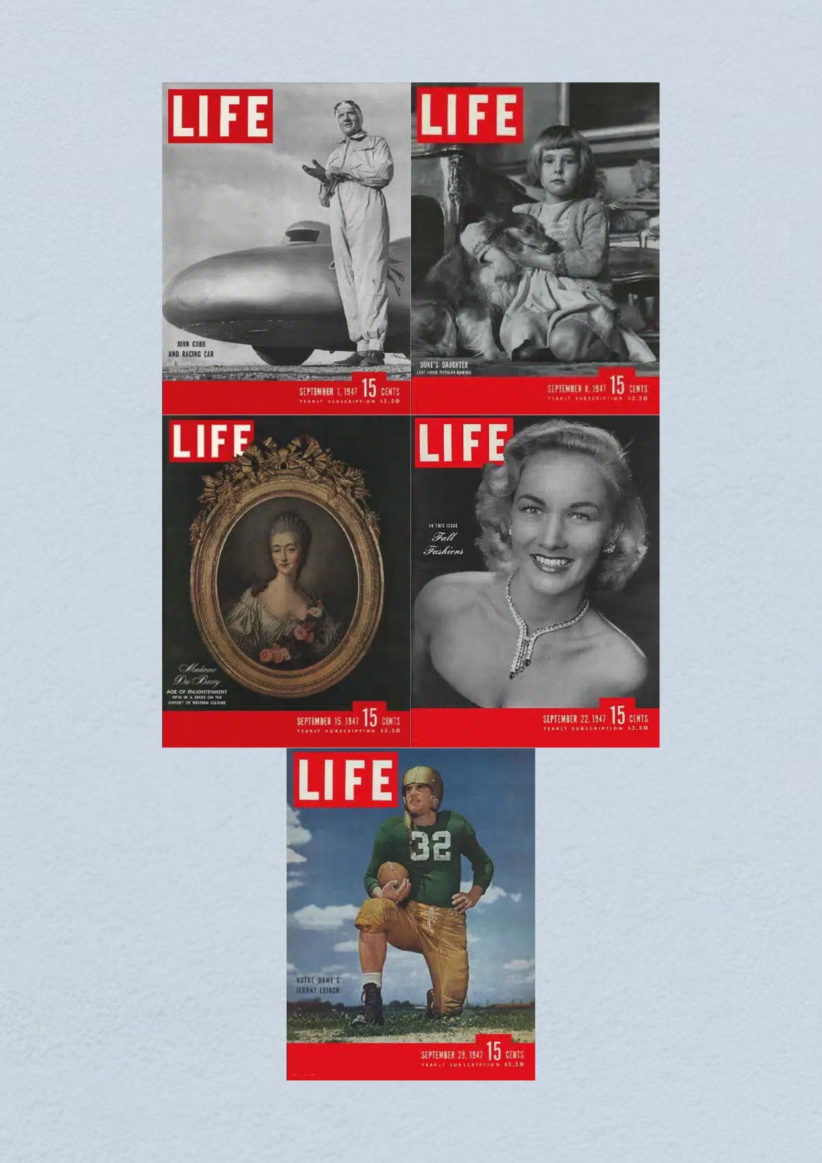 Life Magazine Lot of 5 Full Month of September 1947, featuring covers from September 1, 8, 15, 22, and 29, highlighting significant events and culture in post-war America.