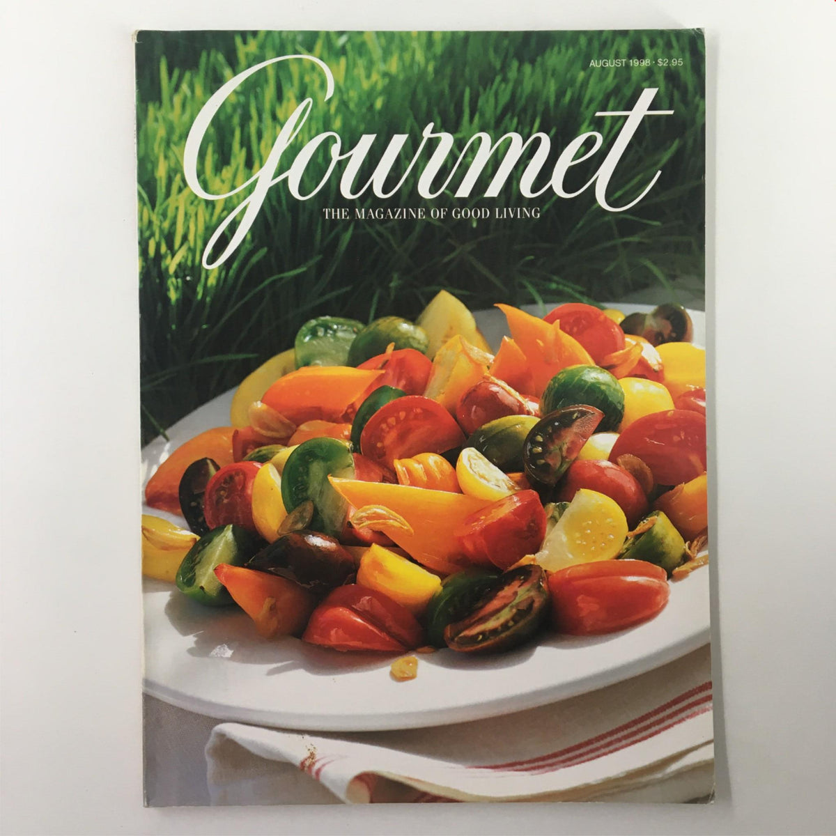 Cover of Gourmet Magazine August 1998 featuring a colorful salad with various tomatoes and vegetables, highlighting the theme 'Mint: A Refreshing Summer Favorite'.