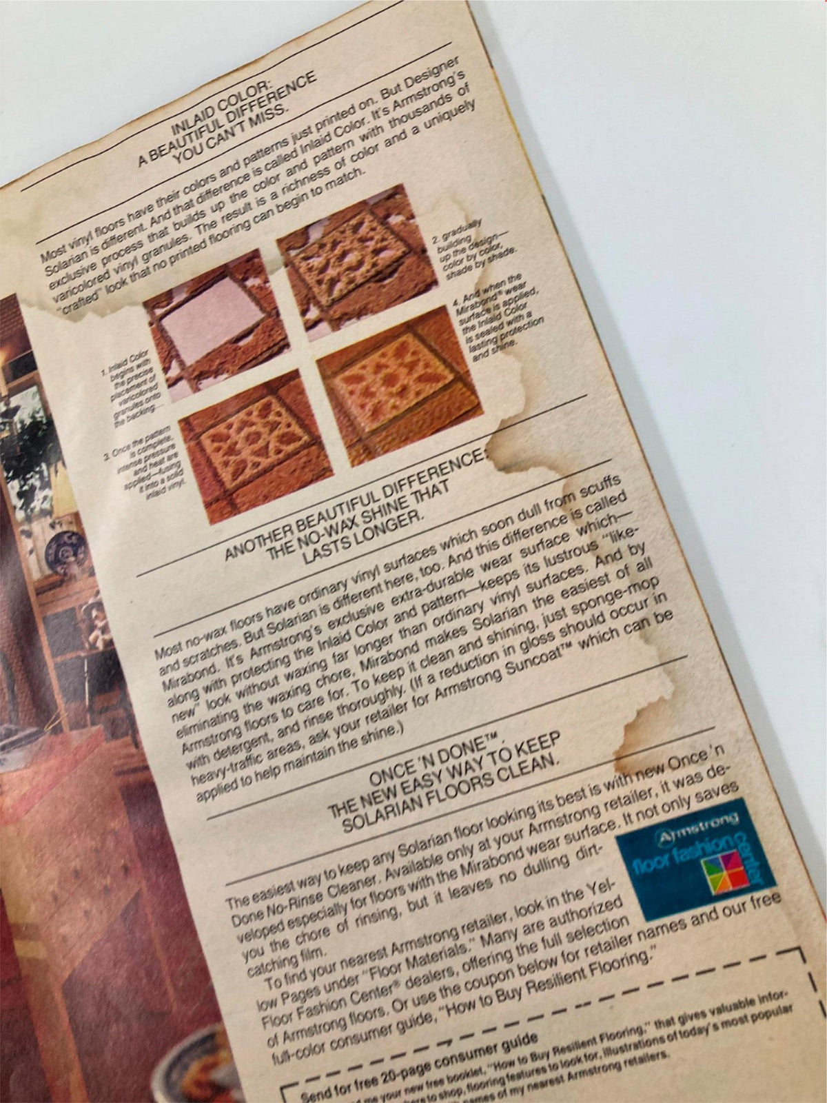 Detailed article from VTG 1001 Decorating Ideas Magazine February 1980 discussing floor maintenance and interior decor solutions.