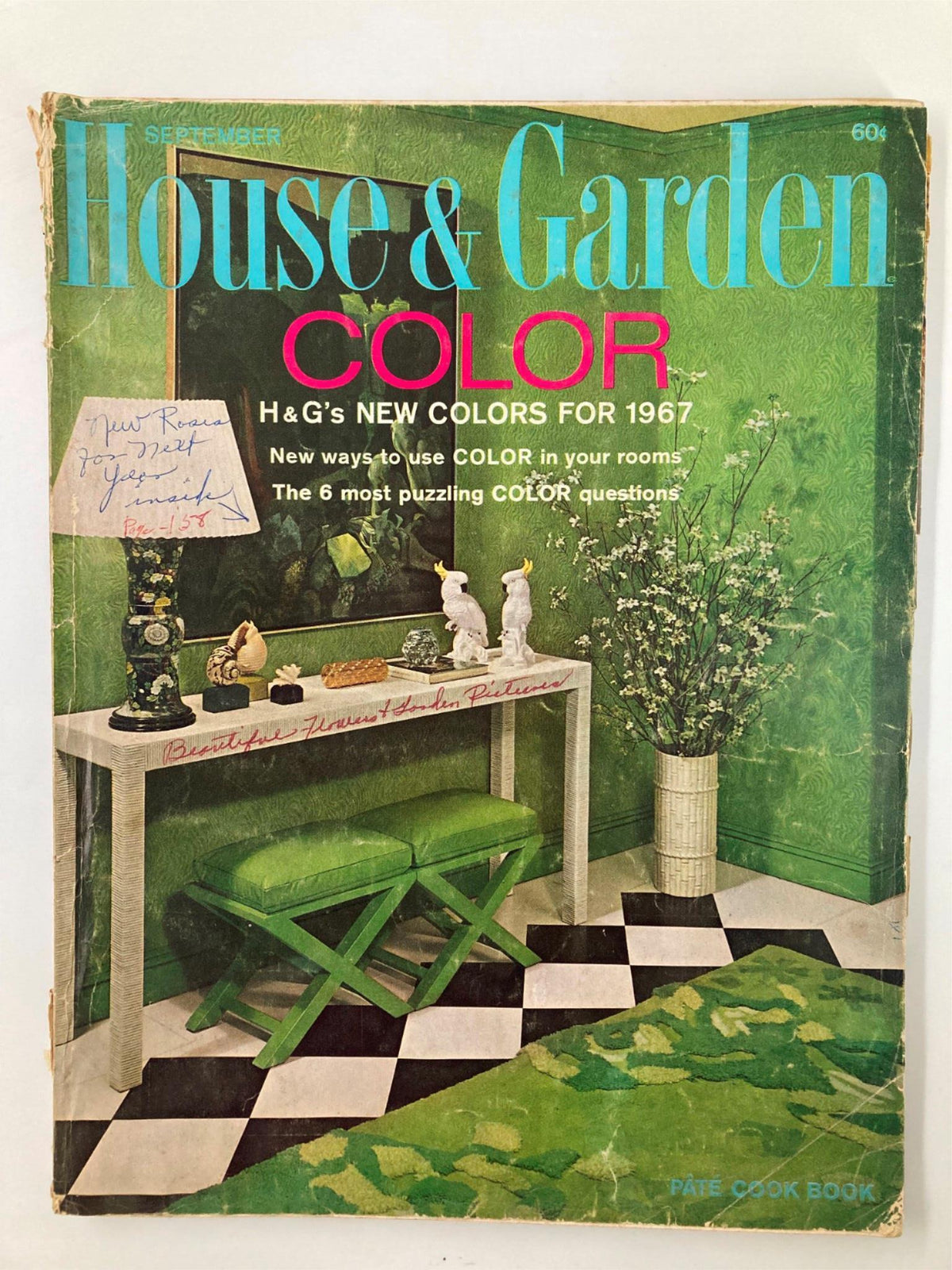 VTG House & Garden Magazine September 1966 cover featuring a vibrant color theme with a green interior design, showcasing a table with decorative items and stools, themed around 'Teapots To Make Pouring A Joy'.