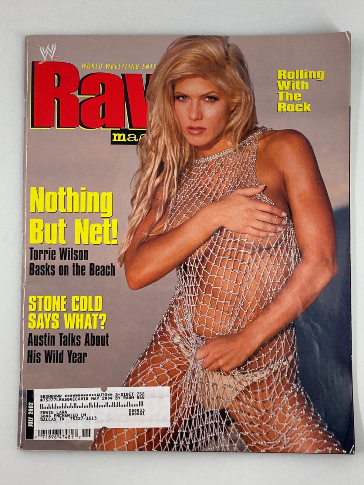 WWE Raw Magazine July 2002 cover featuring Torrie Wilson in a revealing fishnet outfit, promoting her beach photoshoot and Stone Cold Steve Austin's feature.
