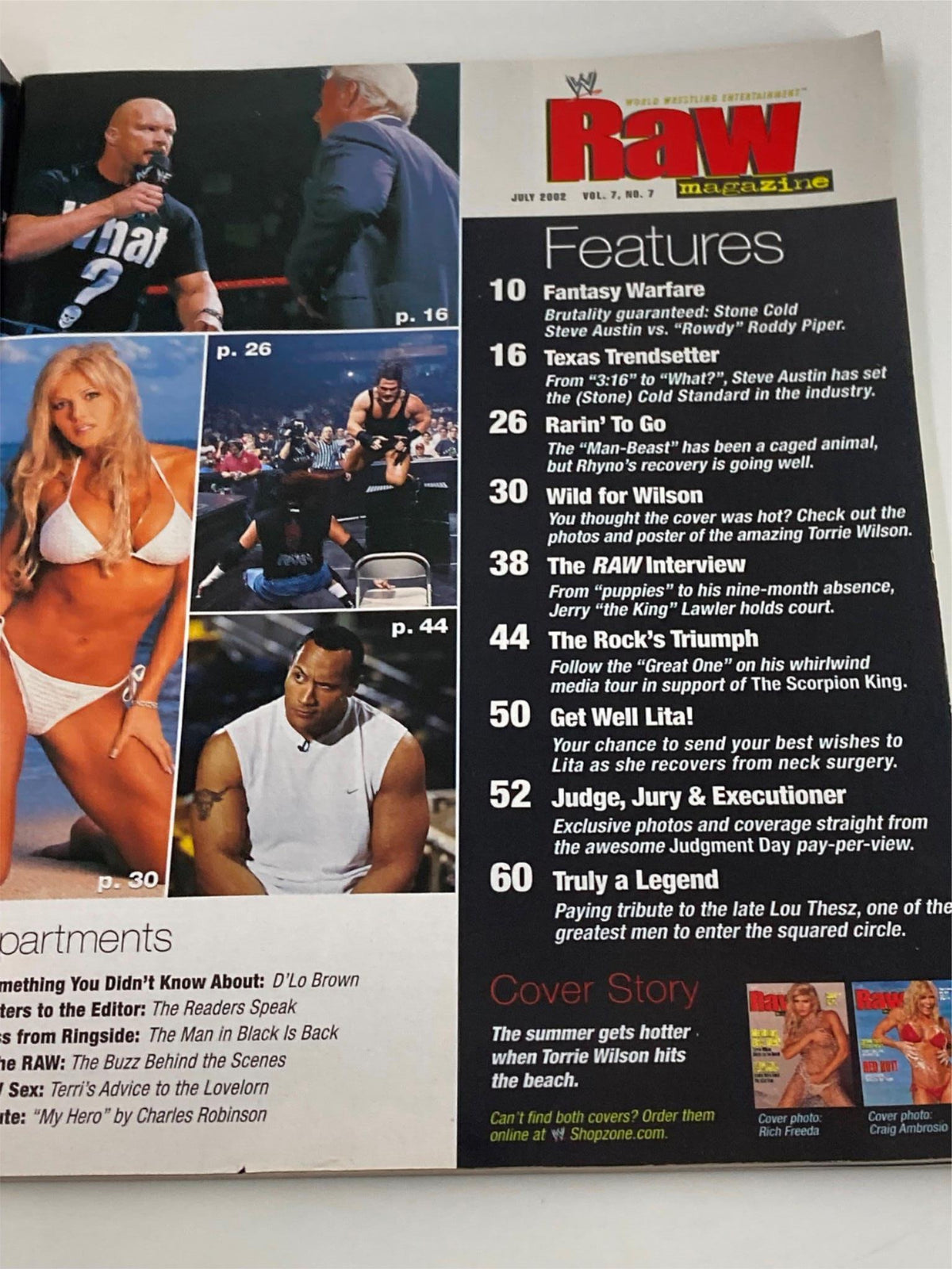 Inside page of WWE Raw Magazine July 2002 showcasing features including Stone Cold Steve Austin and Torrie Wilson, with sections on wrestling highlights and a detailed table of contents.