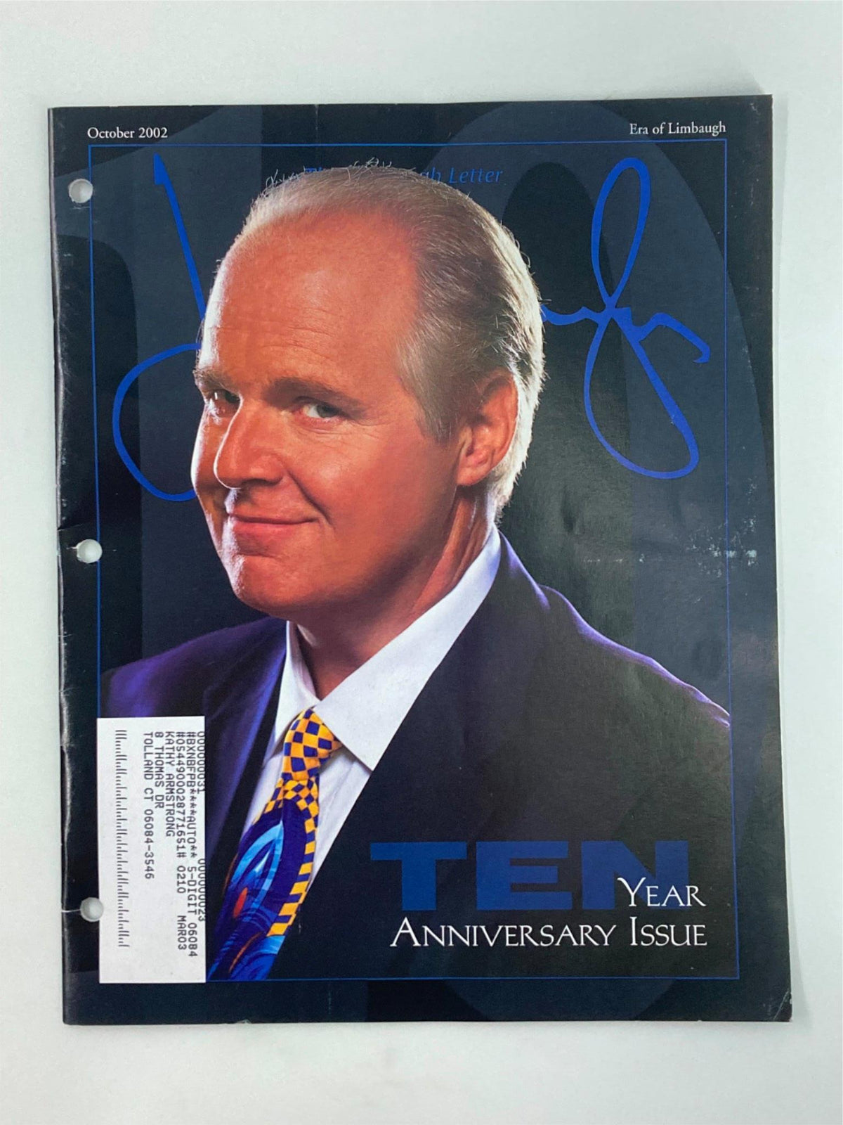 October 2002 Rush Limbaugh Letters Newsletter Magazine cover featuring a portrait of Rush Limbaugh celebrating the ten year anniversary of the newsletter.