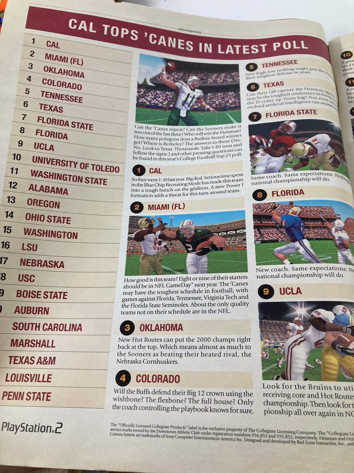 Inside page of the Andre Miller ESPN Magazine displaying college football rankings, providing additional context to the sports culture of the early 2000s.