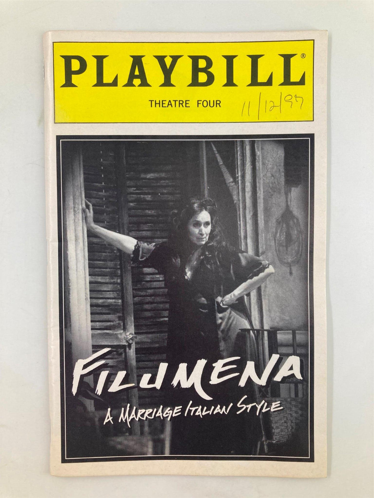 1997 Playbill for Filumena: A Marriage Italian Style featuring a black and white cover image of a female character in a dramatic pose.