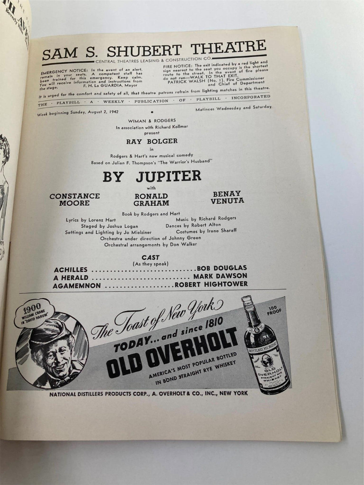 Interior of the 1942 Playbill for By Jupiter at the Sam S. Shubert Theatre, with cast information and production details.