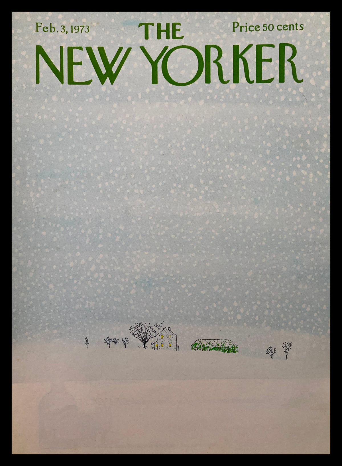 Cover of The New Yorker dated February 3, 1973, titled 'Snow Weather' by R. Davidson, featuring a serene winter scene with snow, trees, and a house.