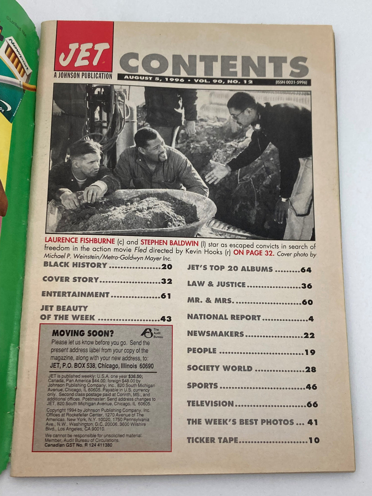 Contents page of Jet Magazine, August 5, 1996, Vol 90 #12, highlighting articles including Laurence Fishburne and Stephen Baldwin as escaped convicts in 'Fled', along with various magazine features.