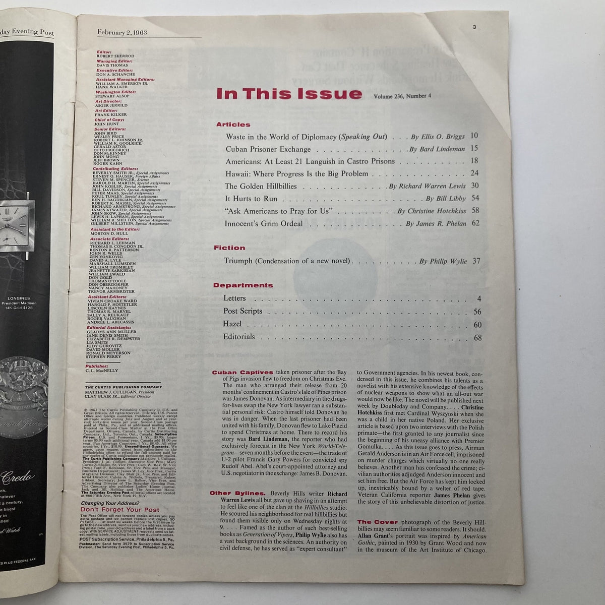 Inside page of The Saturday Evening Post Magazine February 2, 1963, displaying the table of contents with listed articles, including 'Cuban Prisoner Exchange' and other features from that issue.