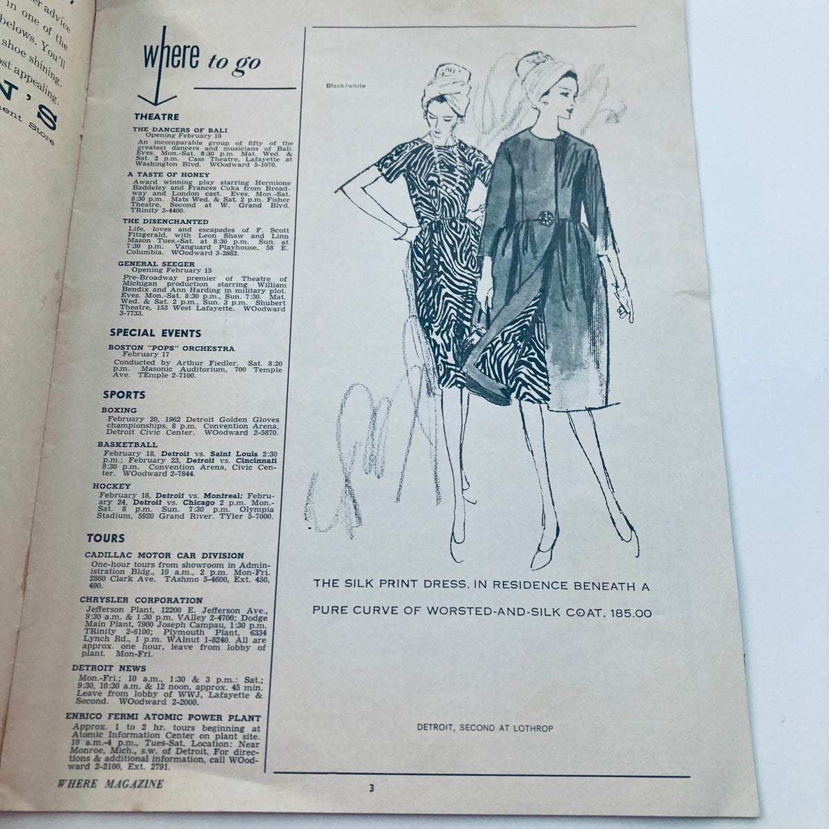 Interior page of VTG Where Magazine February 17 1962 listing events, including the Dancers of Bali performance and featuring vintage illustration of fashion, highlighting the cultural scene in Detroit.