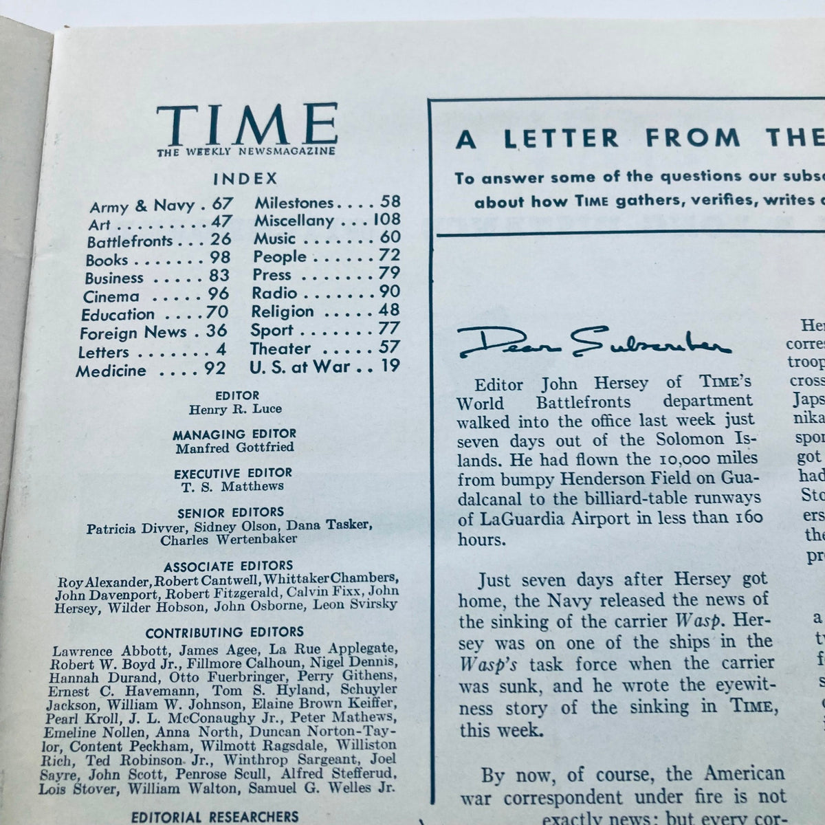 Index page of VTG Time Magazine November 2, 1942, showcasing various sections of the issue, including wartime articles and editorials.