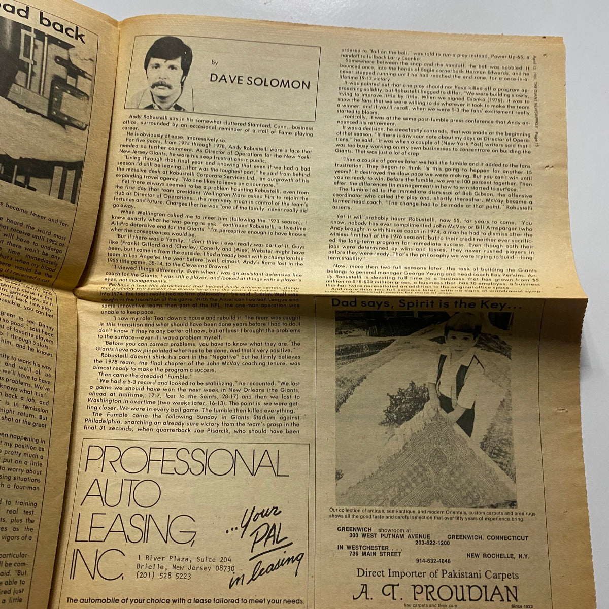 Interior page of The Giant Newsweekly April 13 1981 Vol 1 No. 1 featuring an article by Dave Solomon discussing sports and nostalgia from the early '80s.