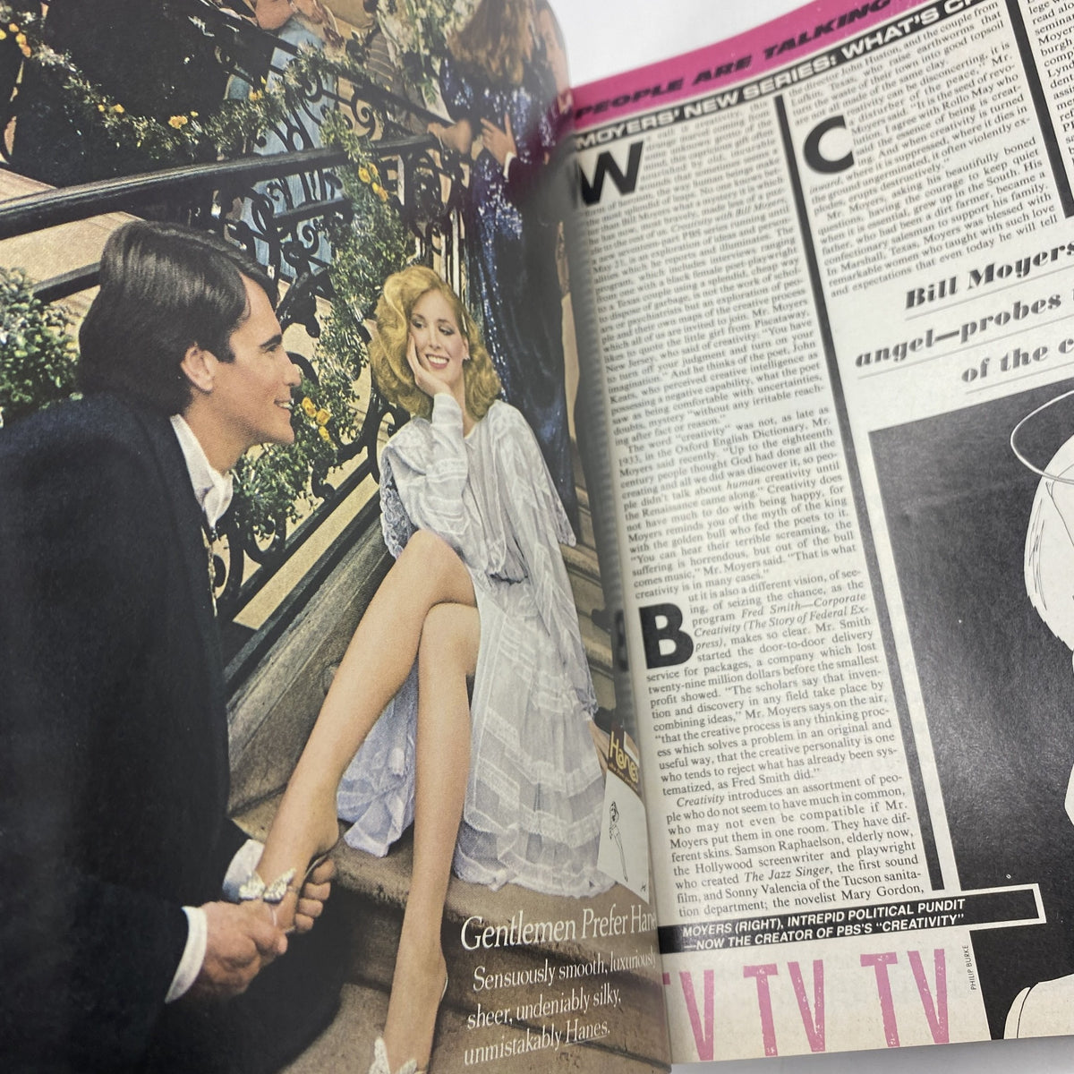 VTG Vogue Magazine February 1982 Mariel Hemingway by Bill King - Colorful fashion editorial showcasing a couple, with the female model elegantly displaying vintage clothing on a staircase.