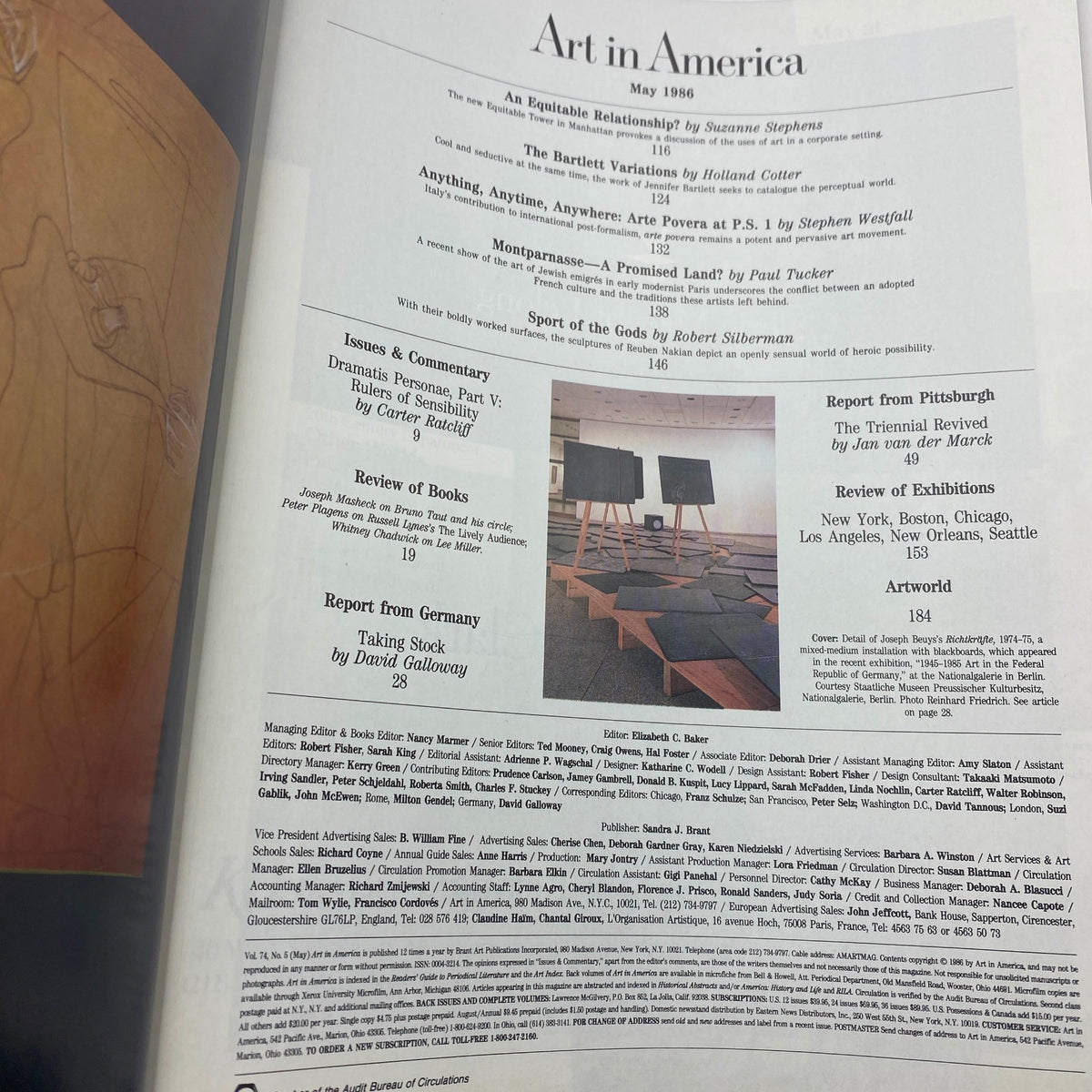 Art in America Magazine May 1986 featuring articles on contemporary art movements, including conceptual and performance art, and a report on Joseph Beuys' Richtkrafte.