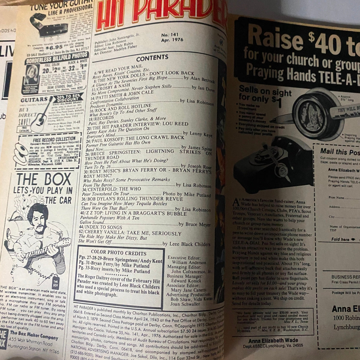 Interior page of VTG Hit Parader Magazine April 1976 No. 141 displaying the table of contents and features including articles on Bryan Ferry and Lou Reed.