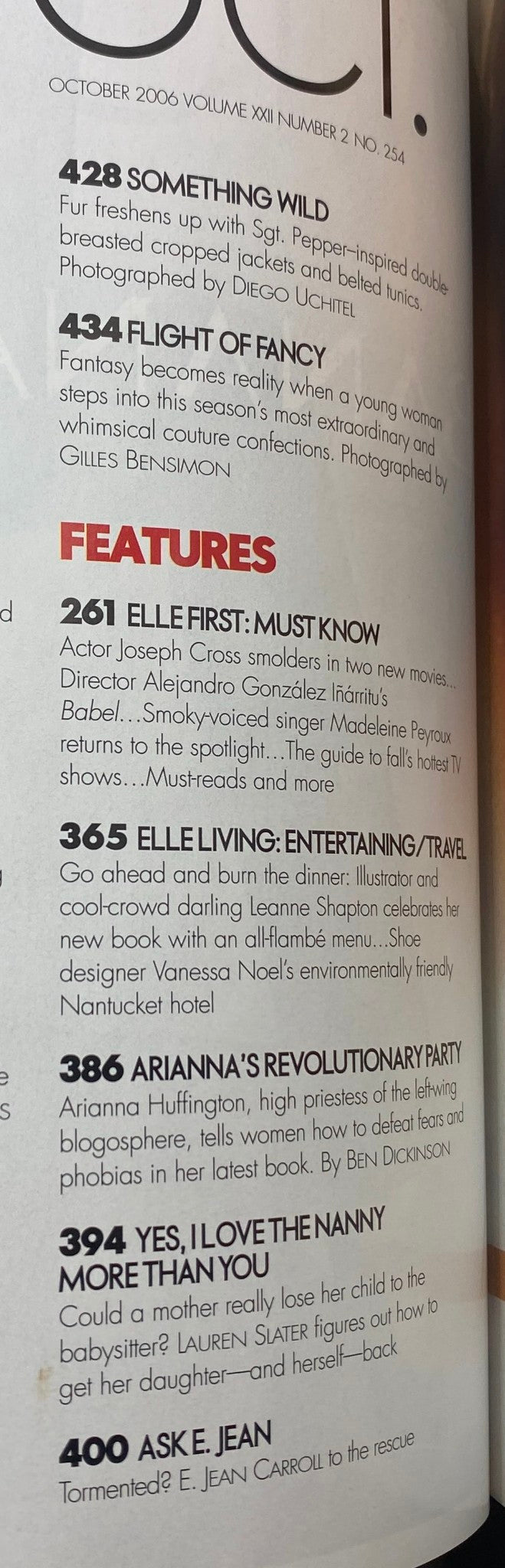 Inside page of Elle Magazine October 2006 highlighting features and articles including celebrity interviews.