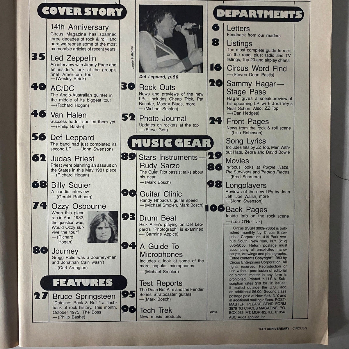 Interior page of Best of Circus Magazine October 31, 1983 showcasing the contents page, with articles on Led Zeppelin, Def Leppard, and Ozzy Osbourne; highlighting rock news and features.