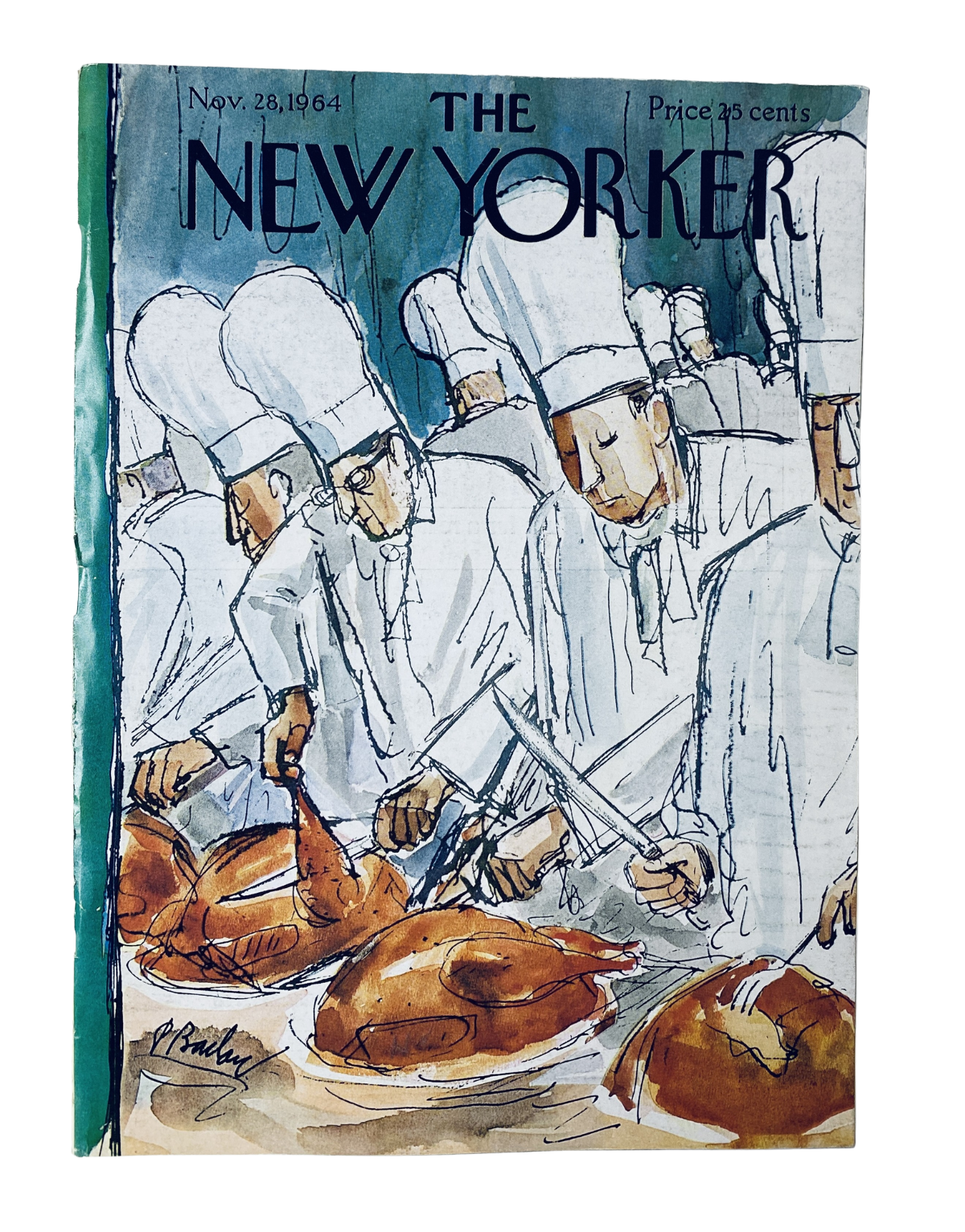 Cover illustration of The New Yorker Magazine, November 28, 1964, by P. Barlow depicting chefs working with holiday turkey preparations.