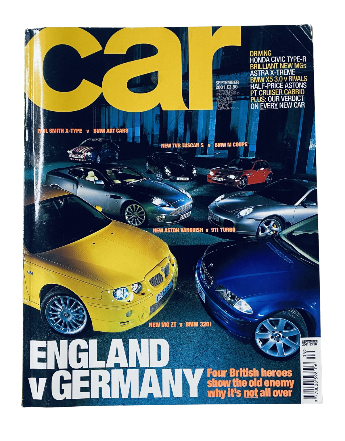 CAR Magazine September 2001 cover featuring a comparison of England v Germany cars including the Aston Martin Vanquish, BMW Z3, BMW 320i, and the Porsche 911 Turbo. Highlights four British automotive heroes.