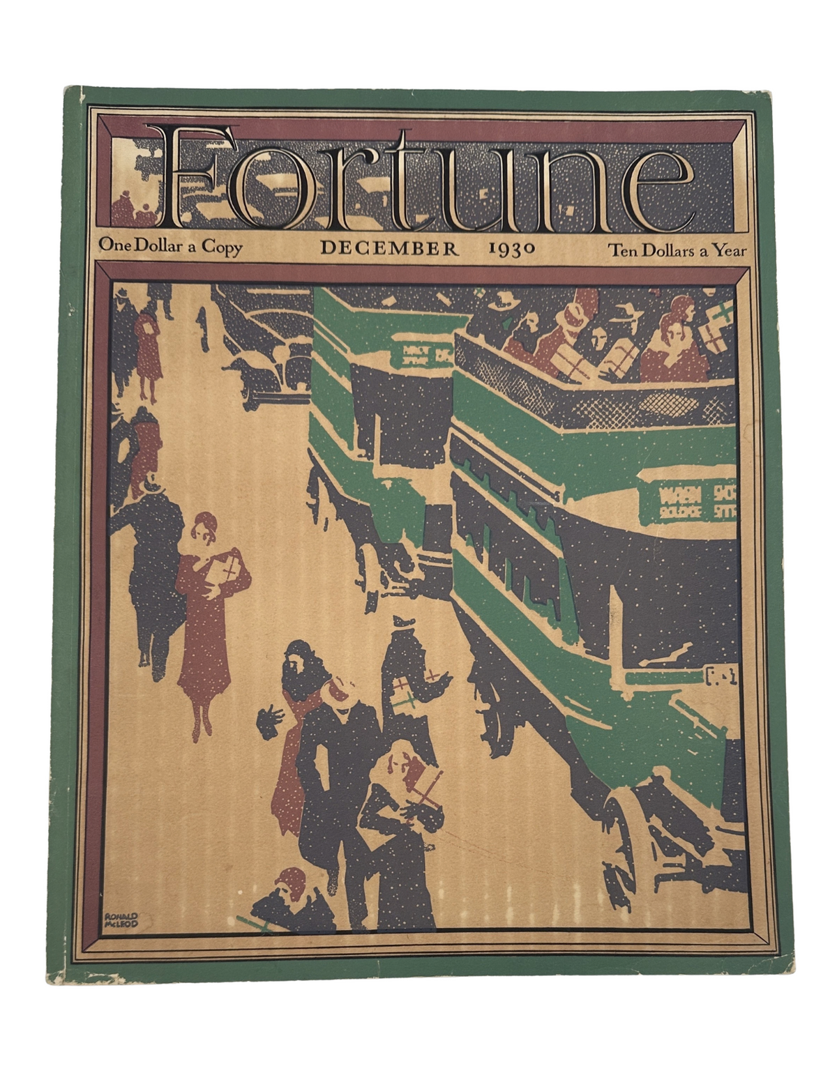 Fortune Magazine December 1930 cover featuring a vintage illustration of shoppers and street scenes, emphasizing Christmas shopping and holiday themes.